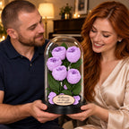 5 bujori criogenați Niki XXL lila în cupolă de sticlă 17 × 28 cm - Trandafir-Criogenat.ro