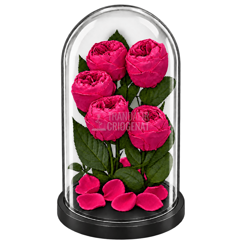 5 bujori criogenați Niki XXL roz fucsia în cupolă de sticlă 17 × 28 cm - Trandafir-Criogenat.ro