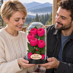 5 bujori criogenați Niki XXL roz fucsia în cupolă de sticlă 17 × 28 cm - Trandafir-Criogenat.ro