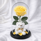 Trandafir Criogenat Galben În Cupolă De Sticlă Cu Ursuleț De Pluș Și Mesaj Personalizat Cadou Elegant