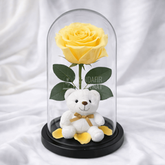 Trandafir Criogenat Galben În Cupolă De Sticlă Cu Ursuleț De Pluș Și Mesaj Personalizat Cadou Elegant