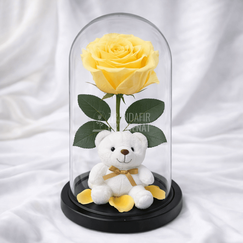 Trandafir Criogenat Galben În Cupolă De Sticlă Cu Ursuleț De Pluș Și Mesaj Personalizat Cadou Elegant