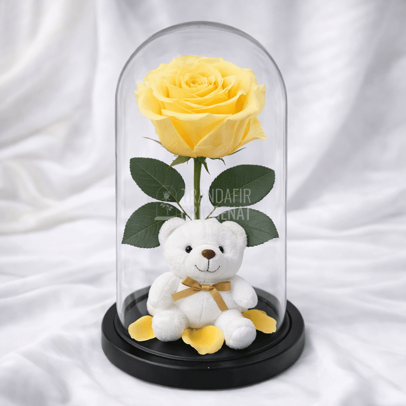 Trandafir Criogenat Galben În Cupolă De Sticlă Cu Ursuleț De Pluș Și Mesaj Personalizat Cadou Elegant