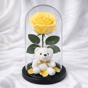 Trandafir Criogenat Galben În Cupolă De Sticlă Cu Ursuleț De Pluș Și Mesaj Personalizat Cadou Elegant