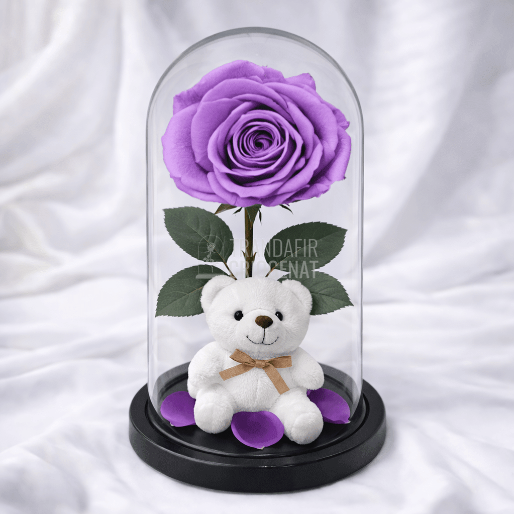 Trandafir Criogenat Lila În Cupolă De Sticlă Cu Ursuleț Și Mesaj Personalizat Cadou Pentru Femei