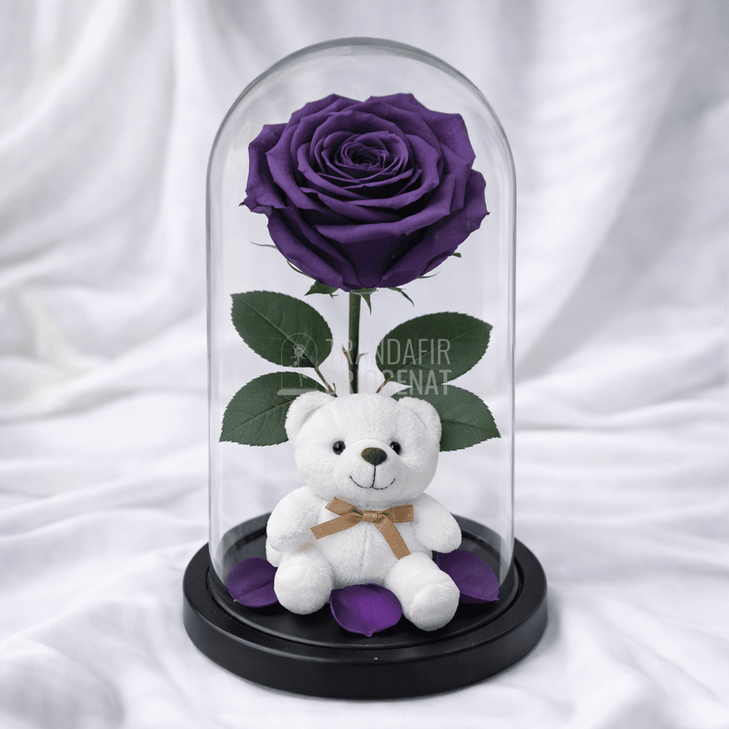 Trandafir Criogenat Mov Purpuriu În Cupolă De Sticlă Cu Ursuleț De Pluș Și Mesaj Personalizat Cadou Pentru Iubită
