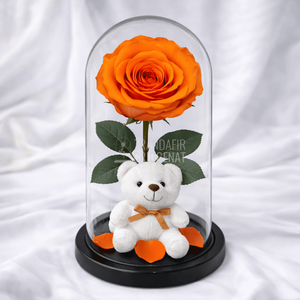 Trandafir Criogenat Portocaliu În Cupolă De Sticlă Cadou Cu Mesaj Personalizat Și Ursulet De Pluș