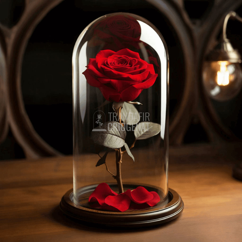 Trandafir Criogenat Roșu În Cupolă De Sticlă Personalizat Cu Mesaj Rezistent Până La 25 Ani