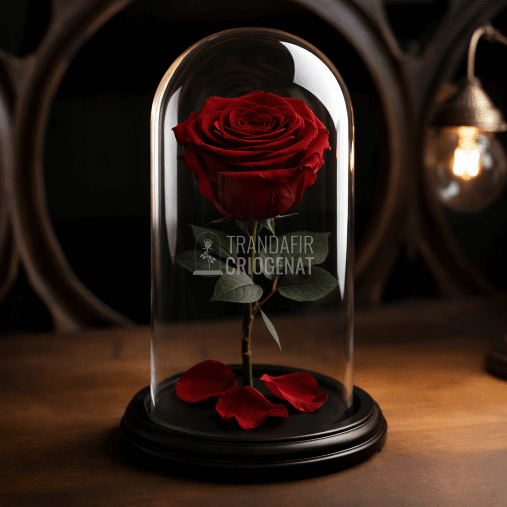 Trandafir Criogenat Roșu Închis În Cupolă De Sticlă Cu Mesaj Personalizat Pentru Dragoste Veșnică