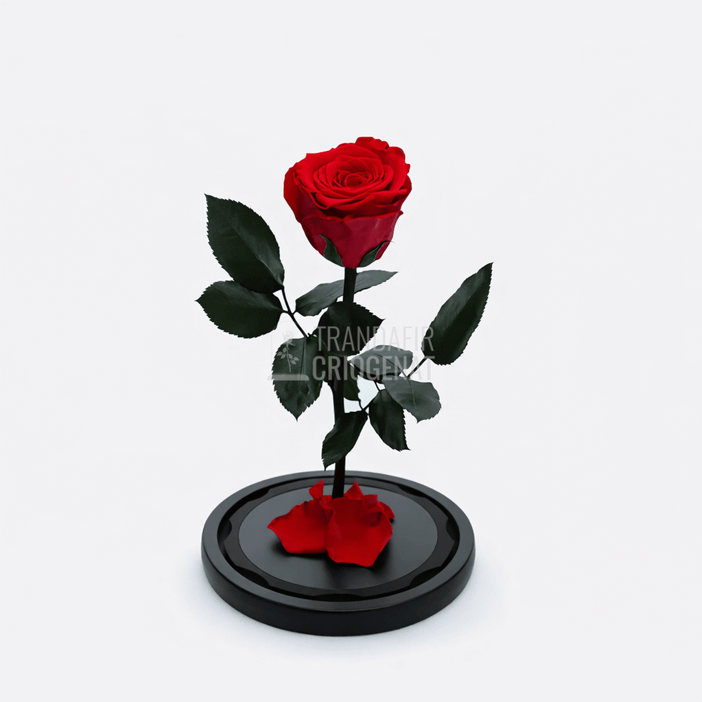 Trandafir Criogenat Roșu XL în Cupolă de Sticlă Cadou Personalizat cu Mesaj Rezistă 25 Ani