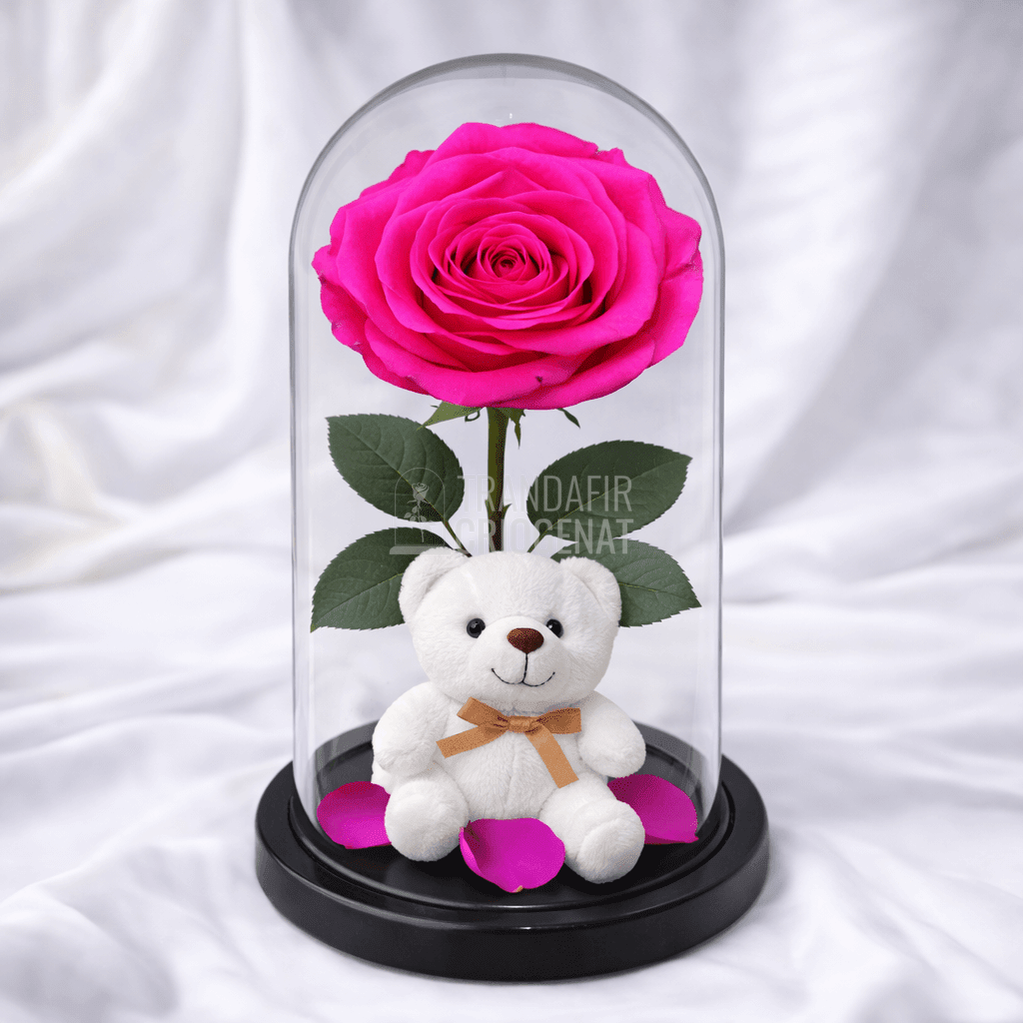Trandafir Criogenat Roz Ciclam in Cupolă de Sticlă cu Ursulet de Plus și Mesaj Personalizat Cadou