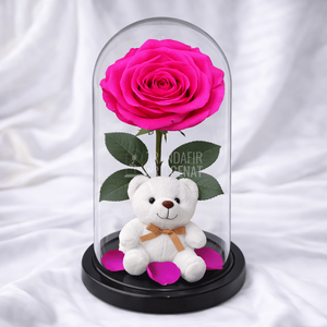 Trandafir Criogenat Roz Ciclam in Cupolă de Sticlă cu Ursulet de Plus și Mesaj Personalizat Cadou