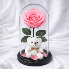 Trandafir Criogenat Roz Deschis In Cupola De Sticla Cu Ursulet Plus Si Mesaj Personalizat