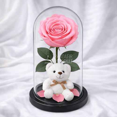 Trandafir Criogenat Roz Deschis In Cupola De Sticla Cu Ursulet Plus Si Mesaj Personalizat