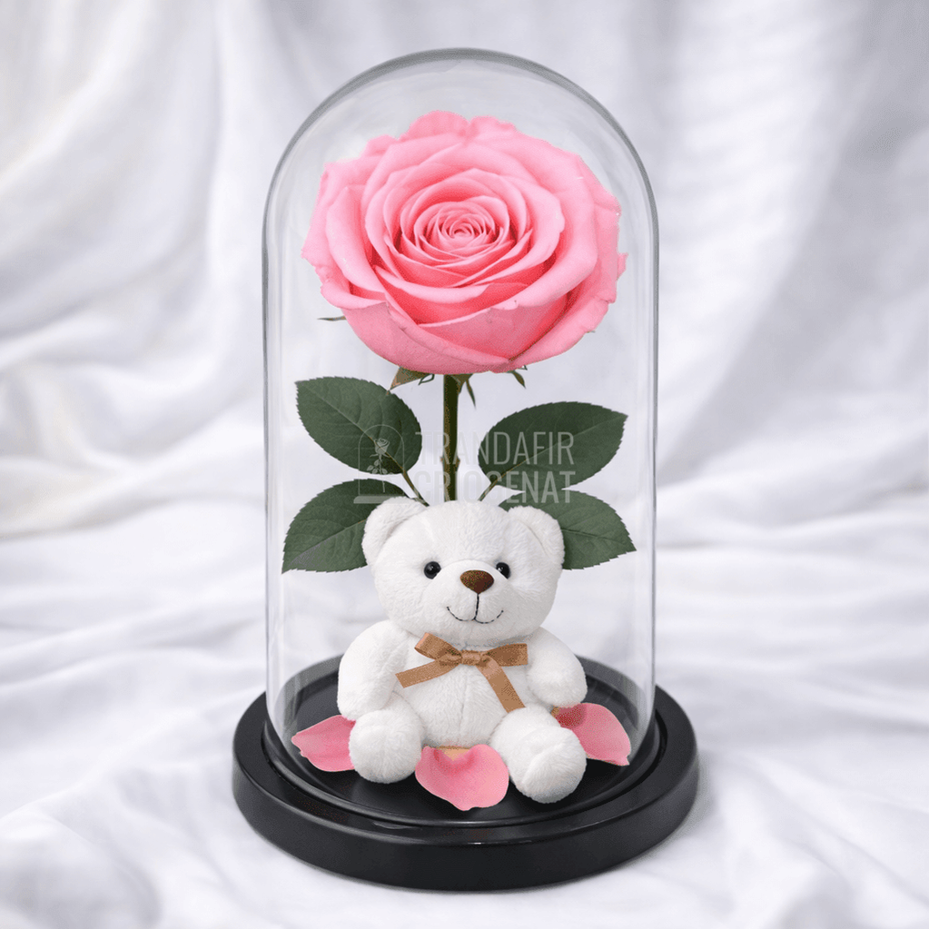 Trandafir Criogenat Roz Deschis In Cupola De Sticla Cu Ursulet Plus Si Mesaj Personalizat