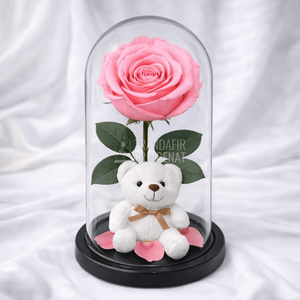 Trandafir Criogenat Roz Deschis In Cupola De Sticla Cu Ursulet Plus Si Mesaj Personalizat