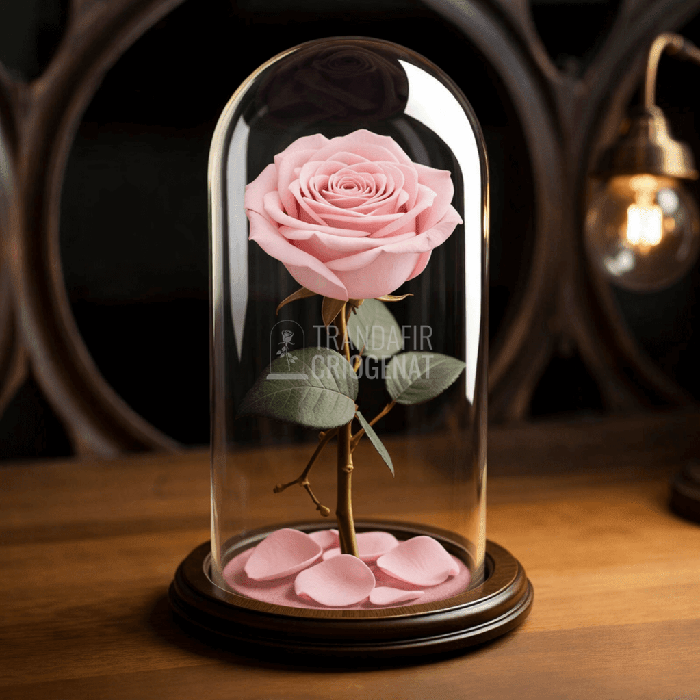 Trandafir Criogenat Roz Pal În Cupolă De Sticlă Cu Mesaj Personalizat Cadou Pentru Femei