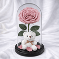 Trandafir Criogenat Roz Prafuit In Cupola De Sticla Cu Ursulet Si Mesaj Personalizat Cadou Elegant Durabil