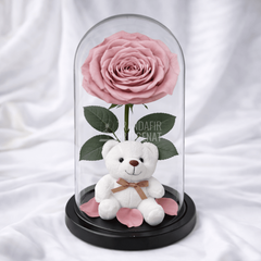 Trandafir Criogenat Roz Prafuit In Cupola De Sticla Cu Ursulet Si Mesaj Personalizat Cadou Elegant Durabil