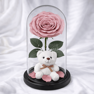 Trandafir Criogenat Roz Prafuit In Cupola De Sticla Cu Ursulet Si Mesaj Personalizat Cadou Elegant Durabil