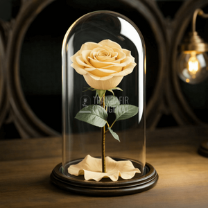 Trandafir Criogenat Șampanie Deschis In Cupolă De Sticlă Cu Mesaj Personalizat Pe Plăcuță Ovală Din Lemn Cadou Femei