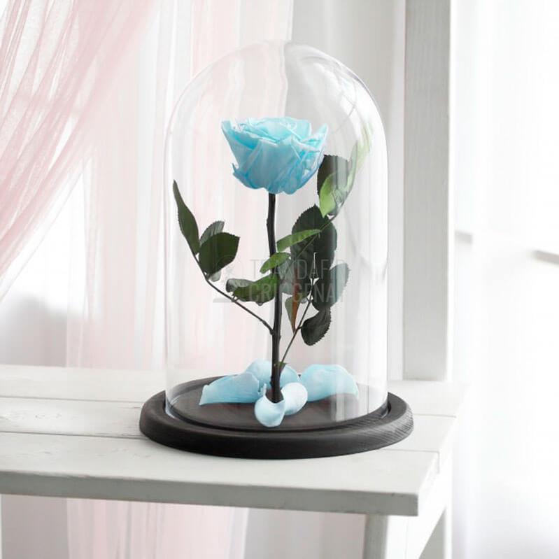 Trandafir Criogenat în Cupolă de Sticlă cu Mesaj Personalizat Bleu, Cadou pentru Aniversări și Momente Speciale