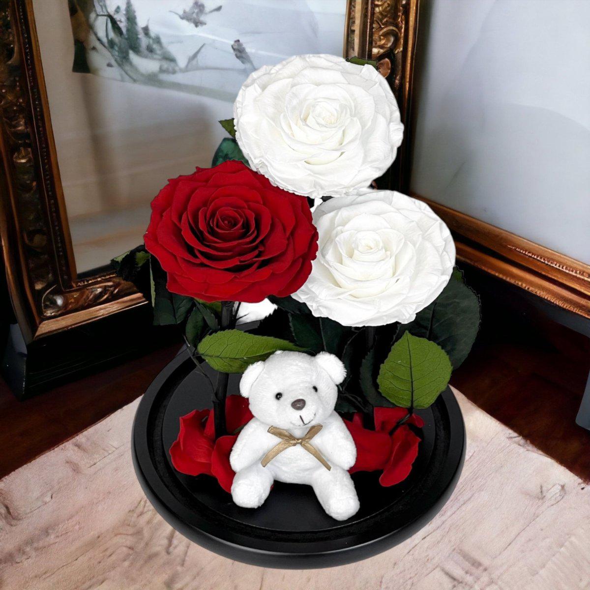 Aranjament Cu 3 Trandafiri Criogenati 2 Albi Si 1 Rosu In Cupola Sticla Ursulet - Trandafir - Criogenat.ro