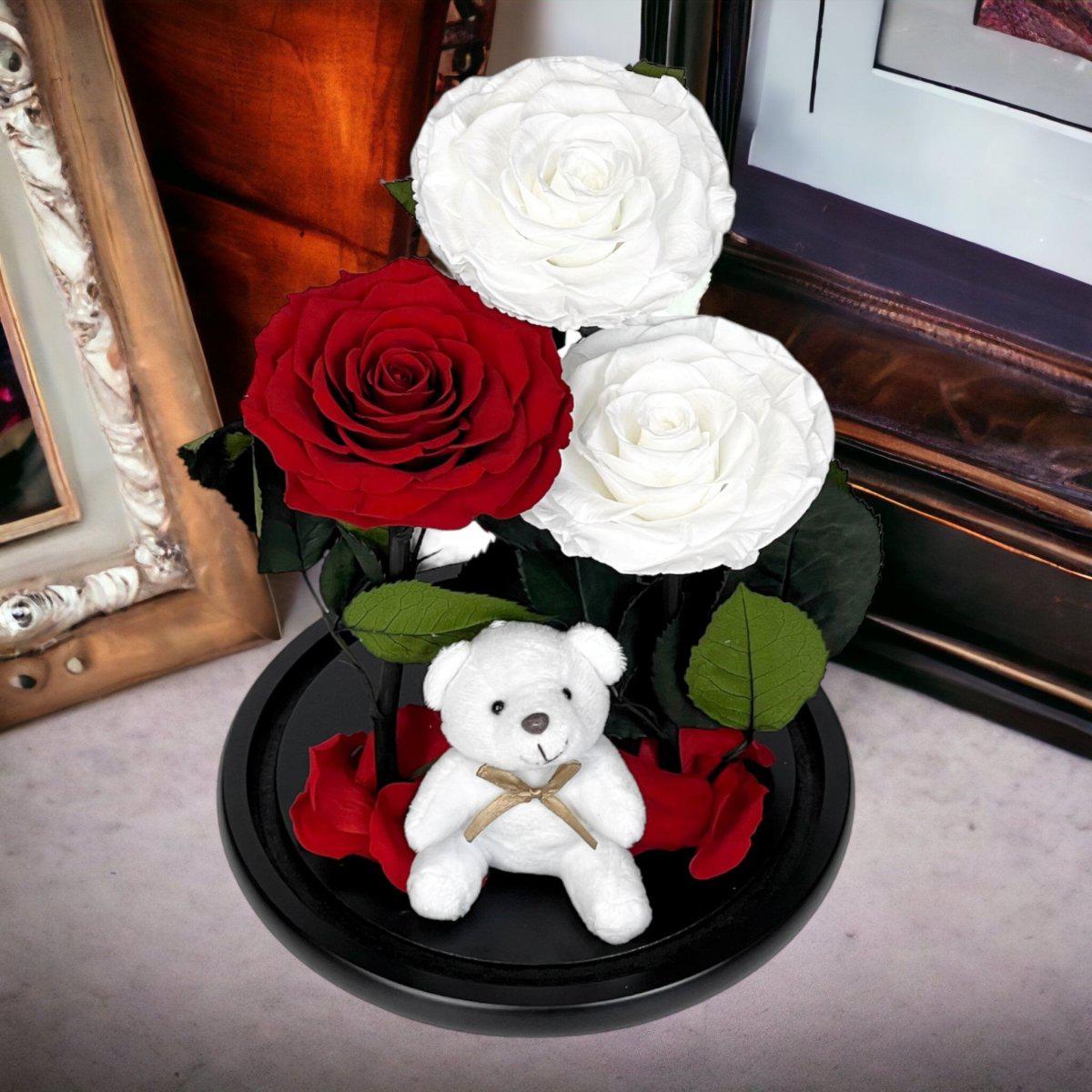 Aranjament Cu 3 Trandafiri Criogenati 2 Albi Si 1 Rosu In Cupola Sticla Ursulet - Trandafir - Criogenat.ro