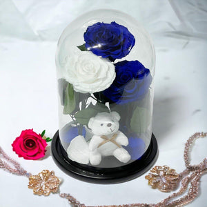 Aranjament Cu 3 Trandafiri Criogenati Albastri Alb Cupola Sticla Ursulet Plush - Trandafir - Criogenat.ro