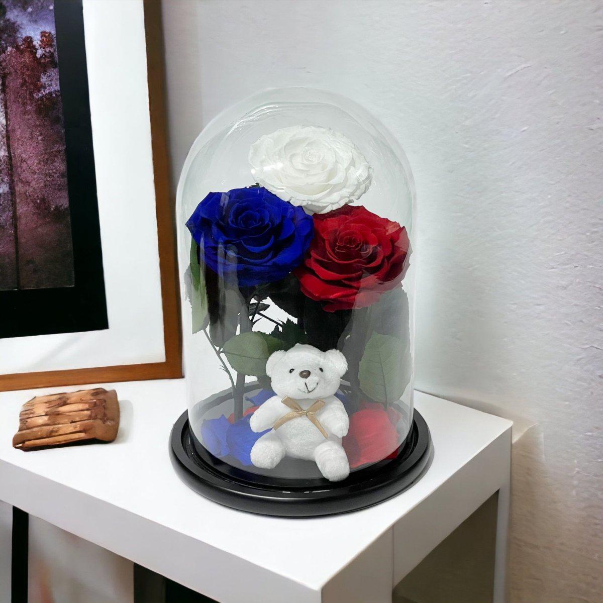 Aranjament Cu 3 Trandafiri Criogenati În Cupolă De Sticlă Alb Albastru Roșu - Trandafir - Criogenat.ro