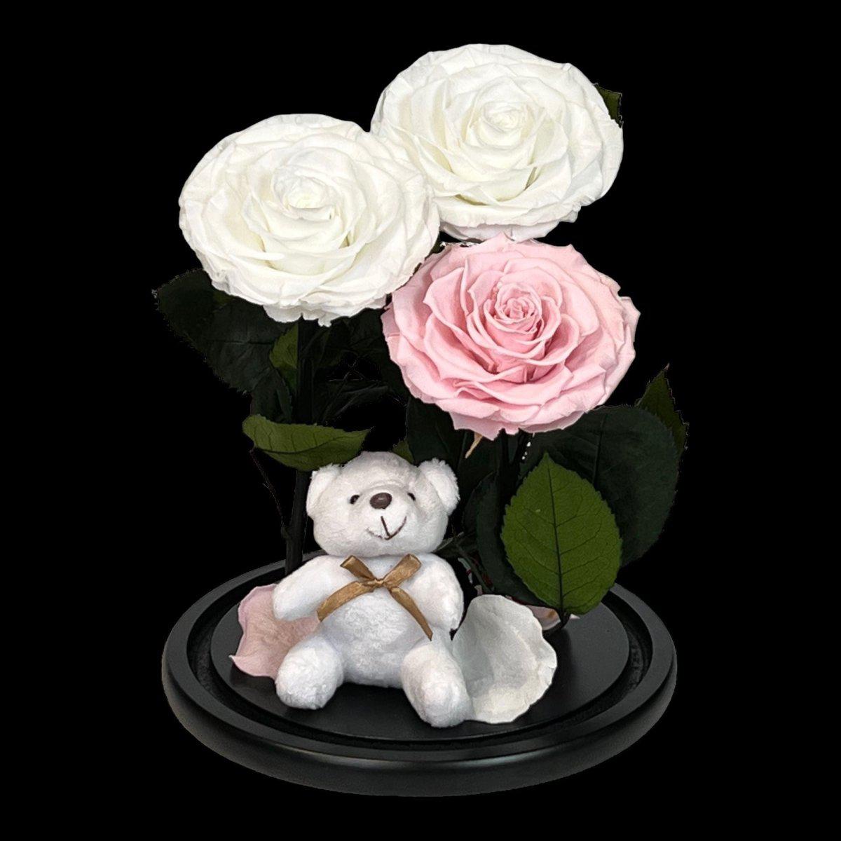 Aranjament Cu 3 Trandafiri Criogenati In Cupola De Sticla Cu Ursulet De Plus - Trandafir - Criogenat.ro