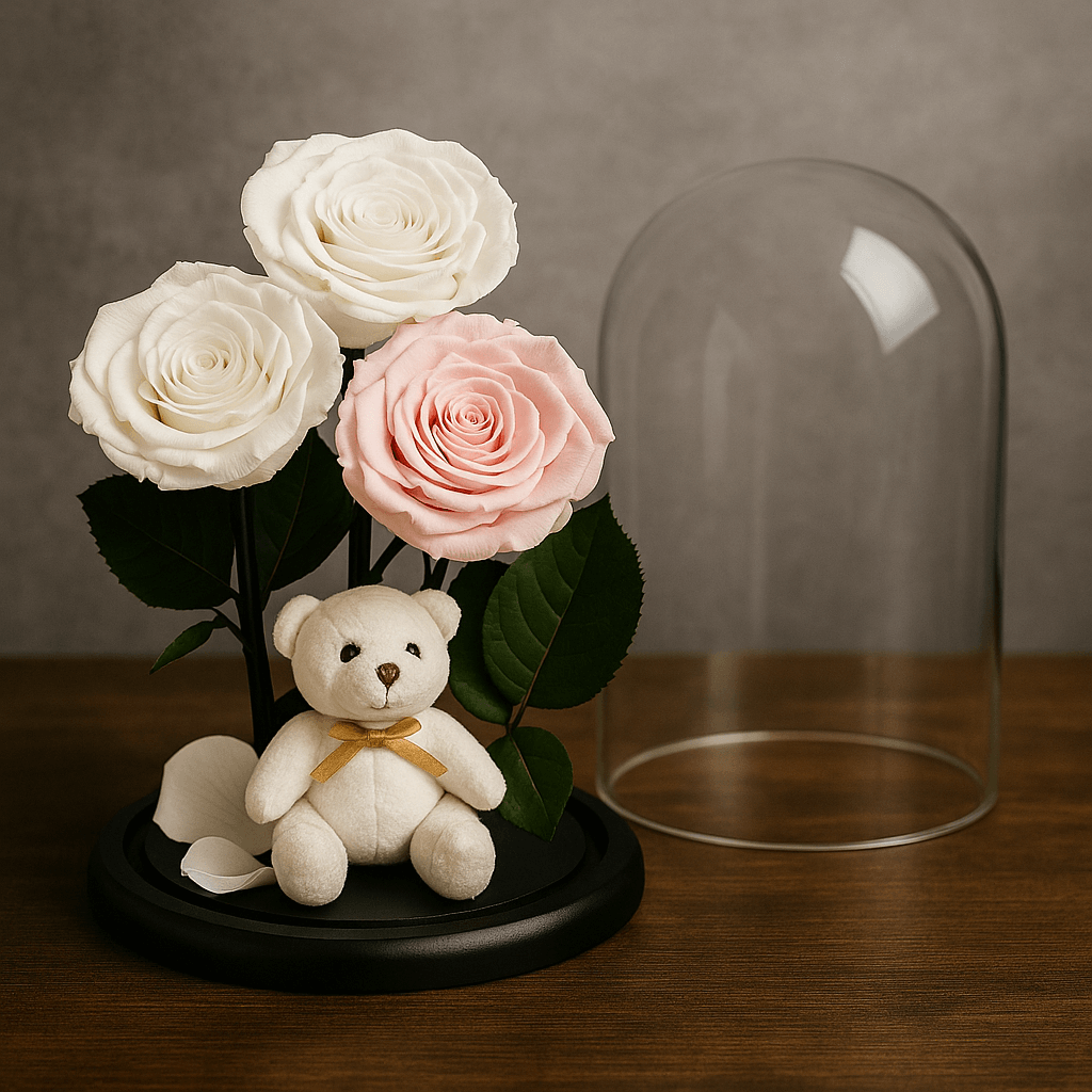 Aranjament Cu 3 Trandafiri Criogenati În Cupola De Sticla Cu Ursulet Plus - Trandafir - Criogenat.ro