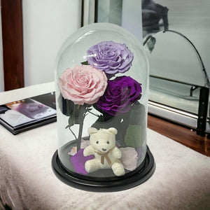 Aranjament Cu 3 Trandafiri Criogenati In Cupola De Sticla Lila Roz Purpuriu - Trandafir - Criogenat.ro