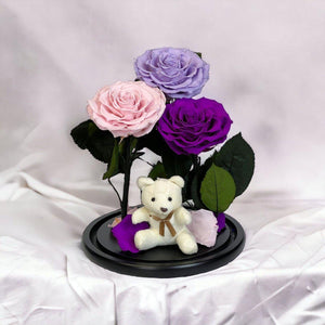 Aranjament Cu 3 Trandafiri Criogenati In Cupola De Sticla Lila Roz Purpuriu - Trandafir - Criogenat.ro