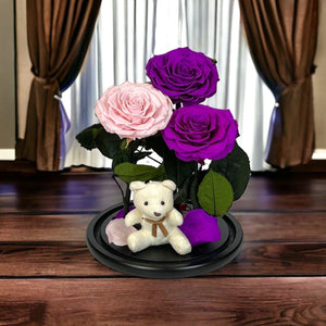 Aranjament Cu 3 Trandafiri Criogenati In Cupola De Sticla Roz Pal Purpurii - Trandafir - Criogenat.ro