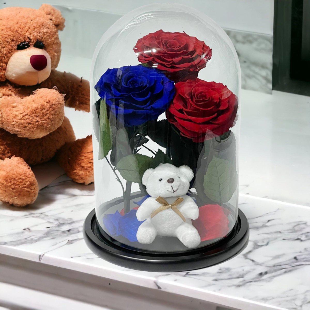 Aranjament Cu 3 Trandafiri Criogenati In Cupola Sticla 2 Rosii Si 1 Albastru - Trandafir - Criogenat.ro