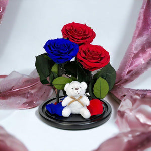 Aranjament Cu 3 Trandafiri Criogenati In Cupola Sticla 2 Rosii Si 1 Albastru - Trandafir - Criogenat.ro