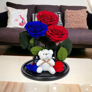 Aranjament Cu 3 Trandafiri Criogenati In Cupola Sticla 2 Rosii Si 1 Albastru - Trandafir - Criogenat.ro