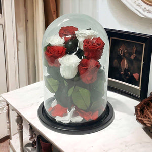 Aranjament Cu 7 Trandafiri Criogenati În Cupolă De Sticlă Cu Mesaj Personalizat - Trandafir - Criogenat.ro