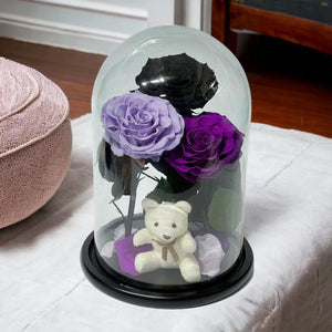 Aranjament Cu Trei Trandafiri Criogenati Sub Cupolă De Sticlă Cadou Special - Trandafir - Criogenat.ro