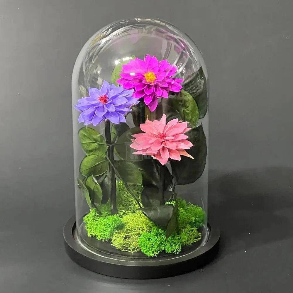 Aranjament Dalii Criogenate 3 Nuanțe Mov În Cupolă De Sticlă Mesaj Personalizat - Trandafir - Criogenat.ro