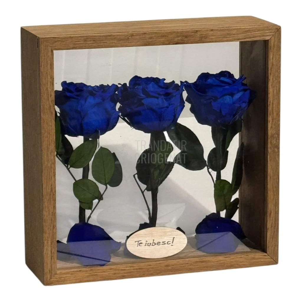 Aranjament De Masă Cu 3 Trandafiri Criogenați Albaștri Și Mesaj Personalizat 27x27 Cm - Trandafir - Criogenat.ro