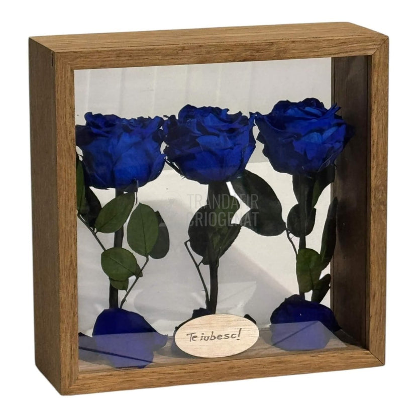 Aranjament De Masă Cu 3 Trandafiri Criogenați Albaștri Și Mesaj Personalizat 27x27 Cm - Trandafir - Criogenat.ro