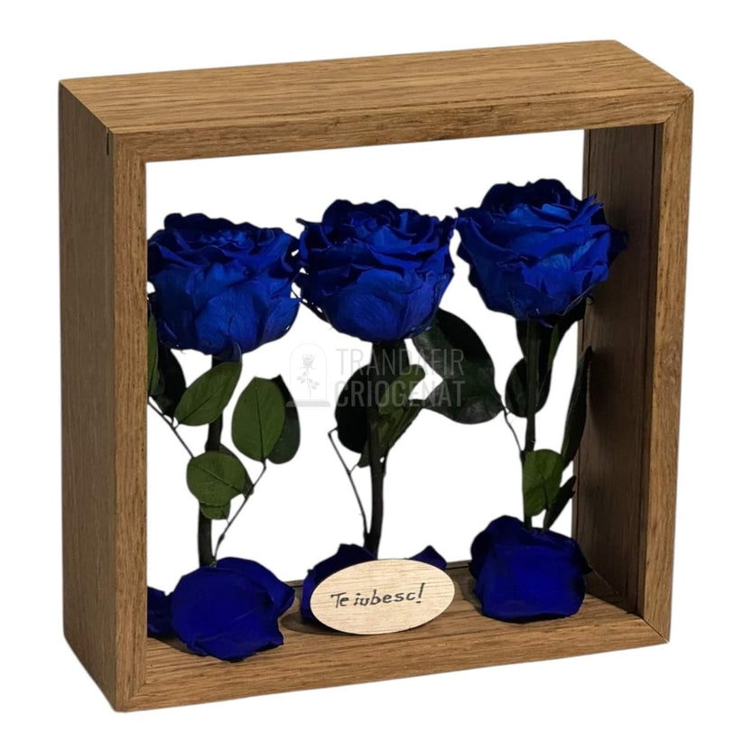 Aranjament De Masă Cu 3 Trandafiri Criogenați Albaștri Și Mesaj Personalizat 27x27 Cm - Trandafir - Criogenat.ro