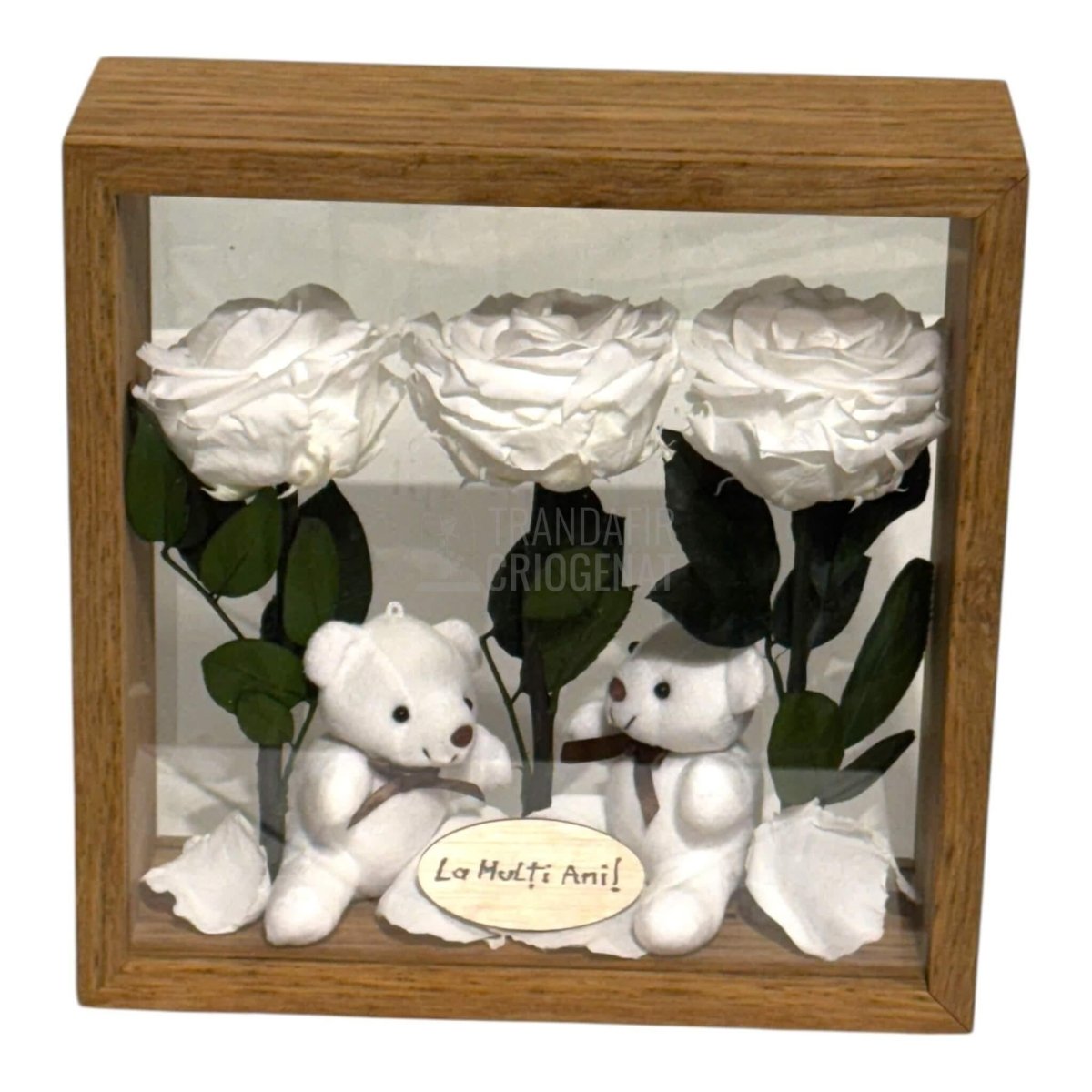 Aranjament De Masă Cu 3 Trandafiri Criogenați Albi Mesaj Personalizat Și 2 Ursuleți De Plus Cadoul Perfect - Trandafir - Criogenat.ro