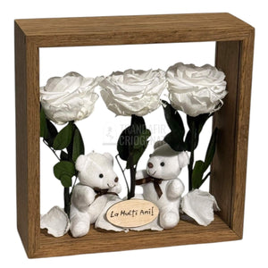 Aranjament De Masă Cu 3 Trandafiri Criogenați Albi Mesaj Personalizat Și 2 Ursuleți De Plus Cadoul Perfect - Trandafir - Criogenat.ro