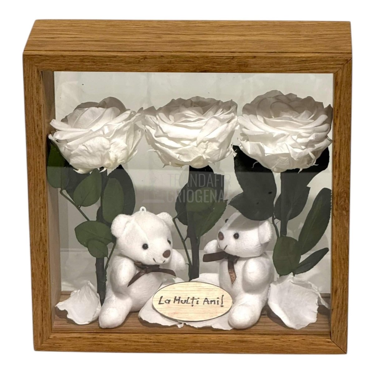Aranjament De Masă Cu 3 Trandafiri Criogenați Albi Mesaj Personalizat Și 2 Ursuleți De Plus Cadoul Perfect - Trandafir - Criogenat.ro
