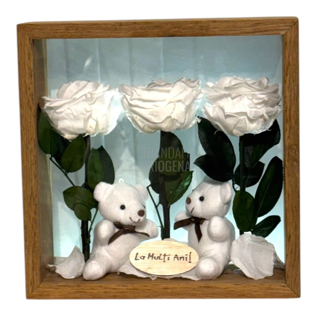 Aranjament De Masă Cu 3 Trandafiri Criogenați Albi Mesaj Personalizat Și 2 Ursuleți De Plus Cadoul Perfect - Trandafir - Criogenat.ro