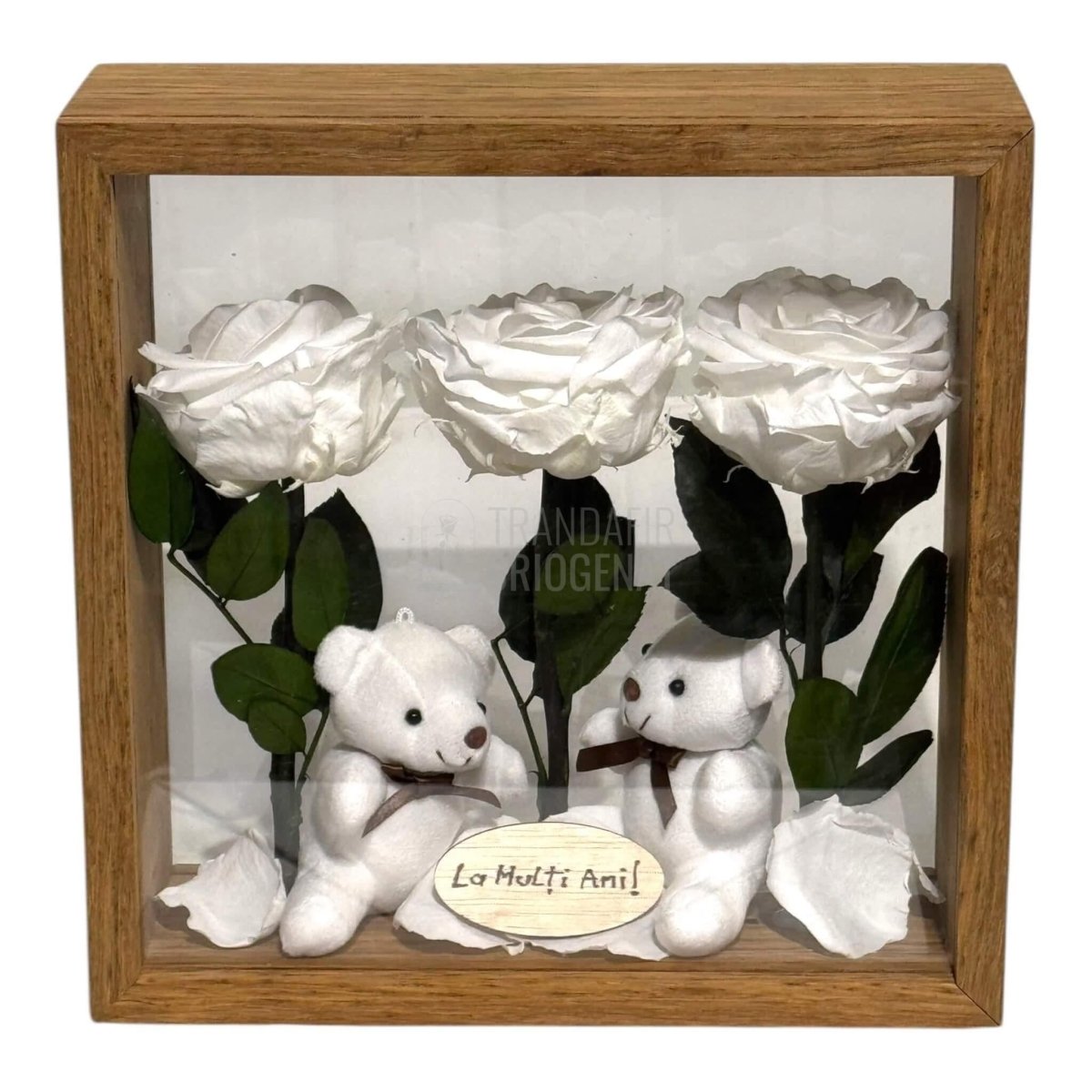 Aranjament De Masă Cu 3 Trandafiri Criogenați Albi Mesaj Personalizat Și 2 Ursuleți De Plus Cadoul Perfect - Trandafir - Criogenat.ro