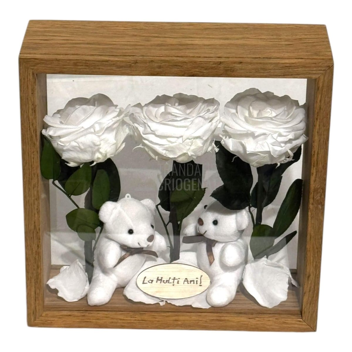 Aranjament De Masă Cu 3 Trandafiri Criogenați Albi Mesaj Personalizat Și 2 Ursuleți De Plus Cadoul Perfect - Trandafir - Criogenat.ro